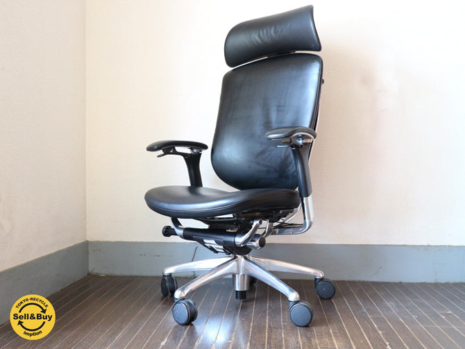 オカムラ okamura コンテッサ  Contessa  エグゼクティブチェア デスクチェア ヘッドレスト付き 本革 ブラック ジウジアーロ ～ 本革シートに包まれた最高級エルゴノミクスチェア！！ ～ 【 買取と販売とレンタルのお店 】
