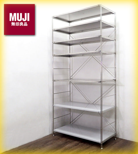 MUJI / 無印良品 『 ステンレスユニットシェルフ （ S-SUS・ステンレス棚セット／ワイド・大 ）』 + 別売り 『 スチール棚 』 ×2枚セット * お手入れも容易な収納力抜群の高汎用性の定番収納！