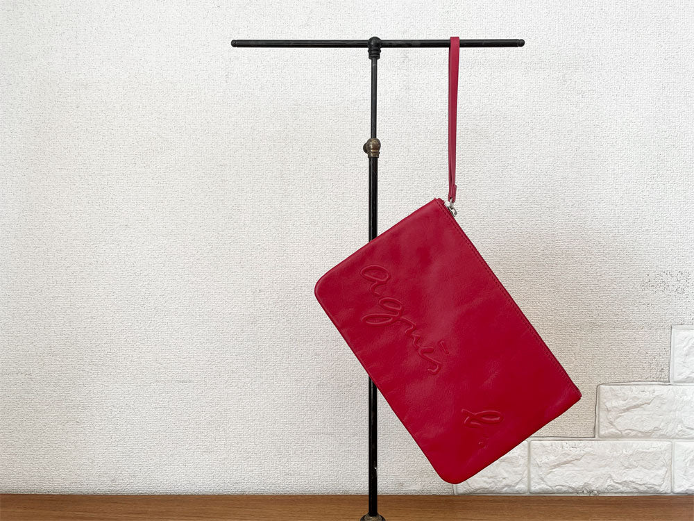 アニエスベー agnes b. ボヤージュ VOYAGE レザークラッチバッグ ポーチ レッド エンボスロゴ 牛革 フランス  中古品  買い取りしました。