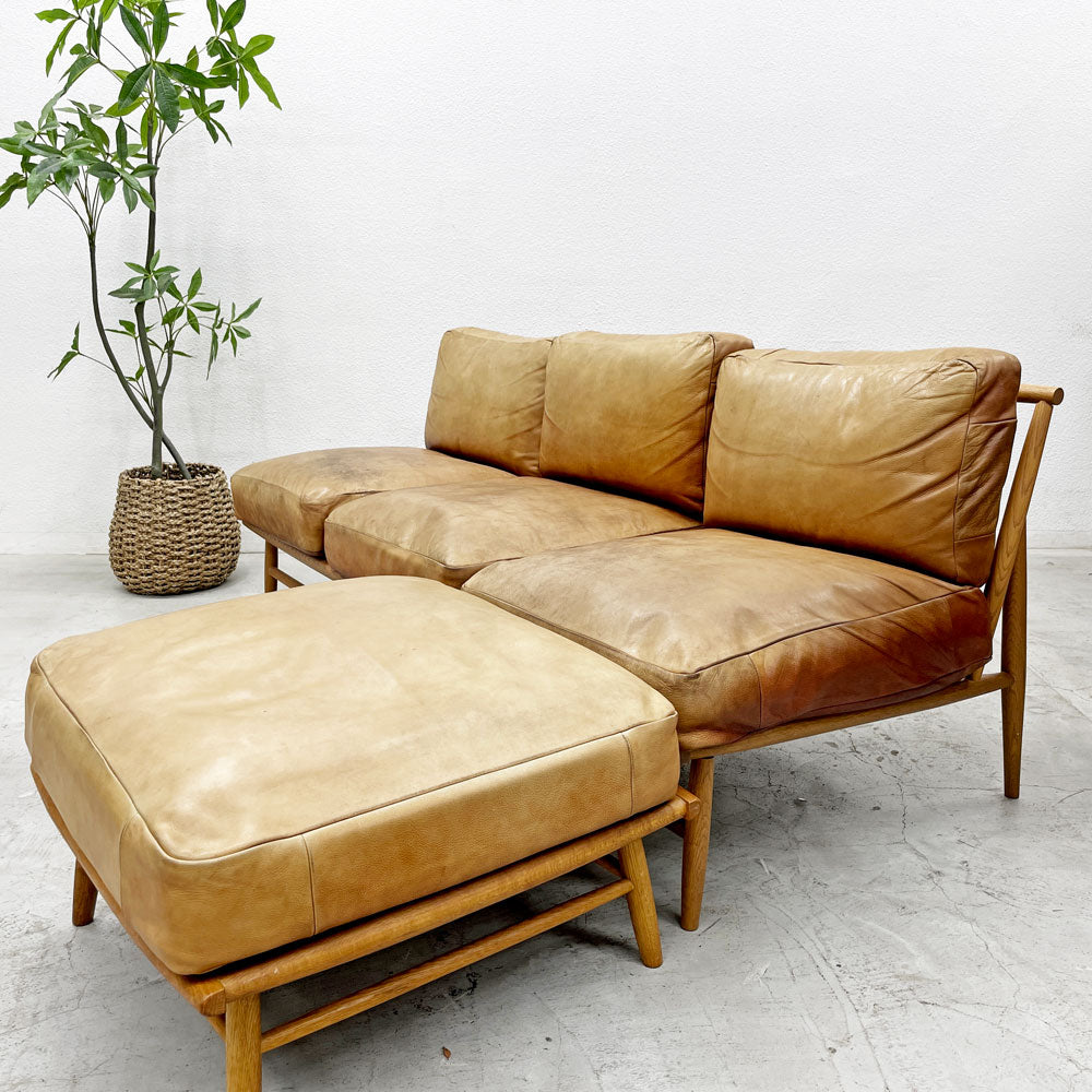 モモナチュラル Momo Natural クラウド CLOUD 3Pソファ 3人掛け & オットマン レザーシート 本革 オーク無垢材 フェザー×ウレタンクッション ～ 共に歳を取る家具～