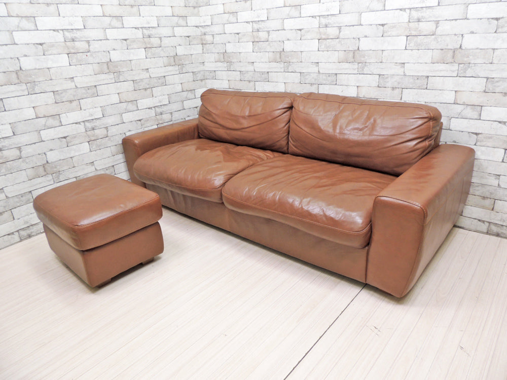 ウニコ unico テラ TERRA レザーソファ 3シーター Leather sofa 3 seater 3人掛け & オットマン 本革 ブラウン フェザークッション 廃番   中古品 買い取りしました。