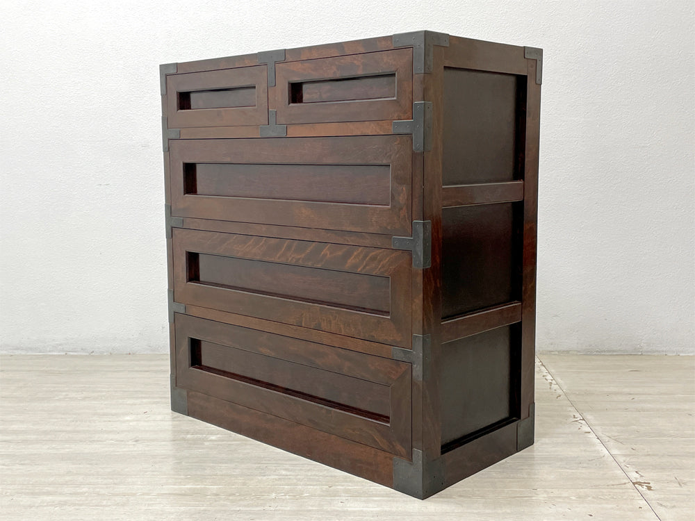 松本民芸家具 507型金具付整理タンス チェスト 4段 抽斗5杯 ミズメザクラ 無垢材 刻印&シール有 民藝 和家具 参考定価555,500円 中古品 買い取りしました。