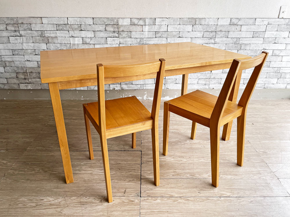 無印良品 MUJI タモ材 無垢集成材 ダイニングテーブル W140、板座 ダイニングチェア 2脚セット 中古品 買い取りしました。