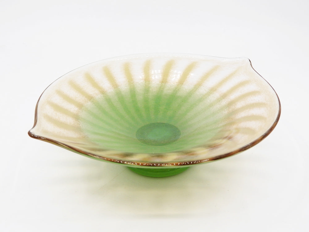 巳亦敬一 硝子 鉢 ボウル 台付 グリーン 吹きガラス 現代作家  中古品 買い取りしました。