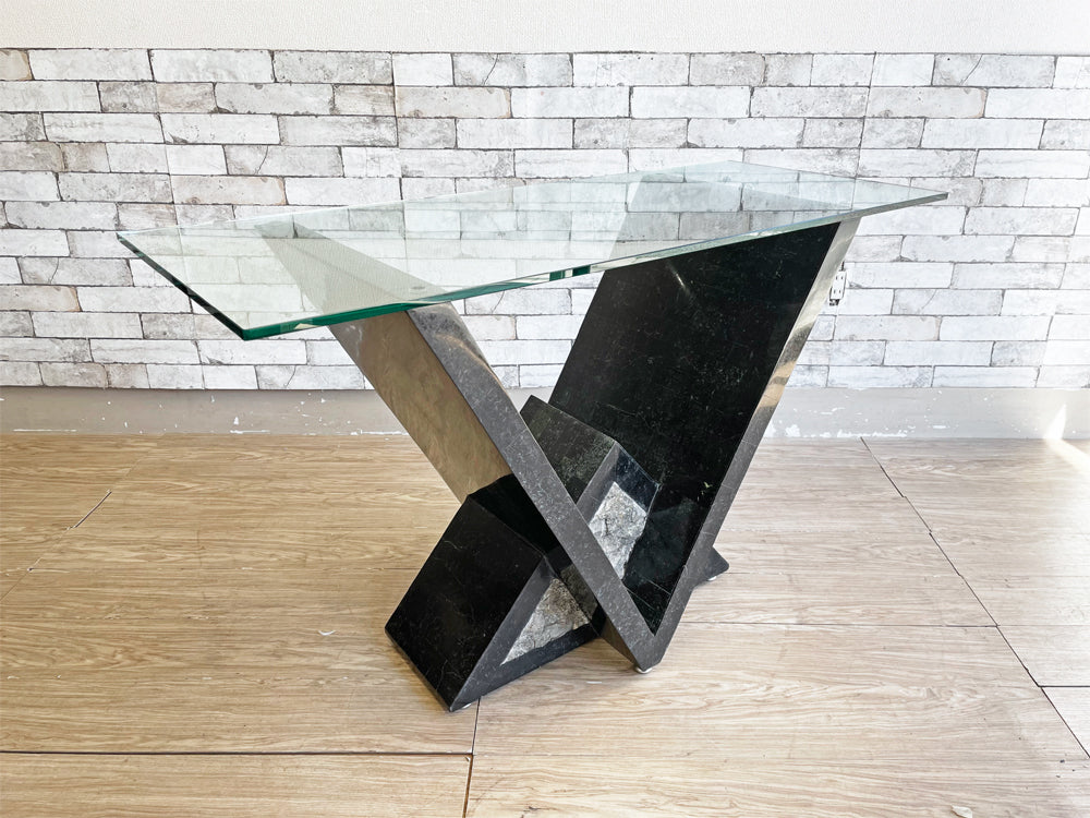 ポストモダンデザイン Post Modern Design ガラス天板 × 大理石風ベース コンソールテーブル W120cm 花台 飾り台 店舗什器 ビンテージ 中古品 買い取りしました。