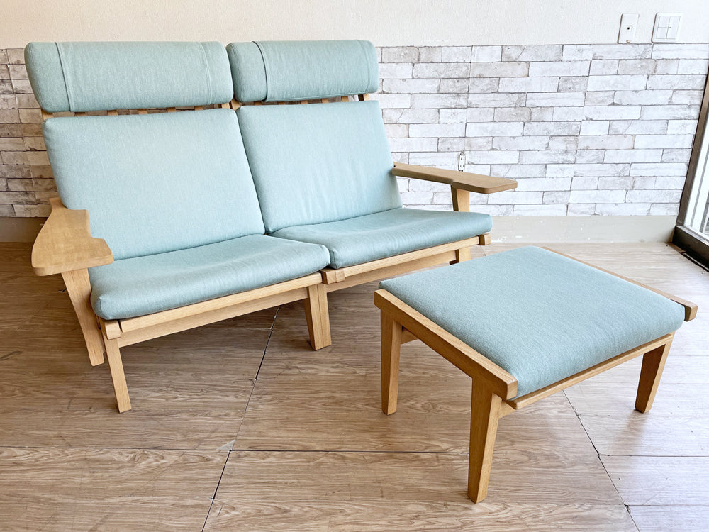 ゲタマ GETAMA GE375 イージーチェア ハイバック 2シーターソファ & オットマン  オーク材フレーム ライトブルー ウール混ファブリック Halk01-150 ハンス・J・ウェグナー 北欧家具 現行品 中古品 買い取りしました。