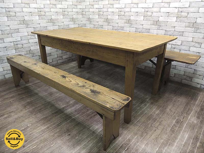 英国 アンティーク ビンテージ オールドパイン 古材 無垢材 ワーキングテーブル / ダイニングテーブル ＆ ベンチ x 2脚 シャビー&シック ブロカント ラスティック ～ 店舗什器にもオススメ！ 味わい深い UK 木製家具 ～ 【 買取と販売とレンタルのお店 】
