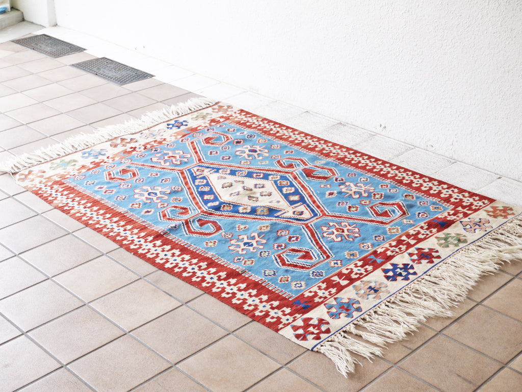 キリムラグ トルコ カイセリ産 トルコキリム イーブルアイ レッド＆ブルー 158×111.5cm ウール 中古品 買い取りしました。