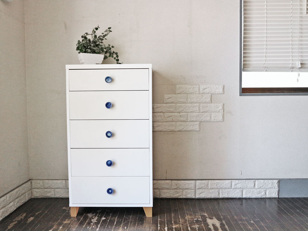 モモナチュラル Momo Natural ラブチェスト LOVE CHEST トールチェスト ホワイト 抽斗5杯 社外ハンドル　中古品  買い取りしました。