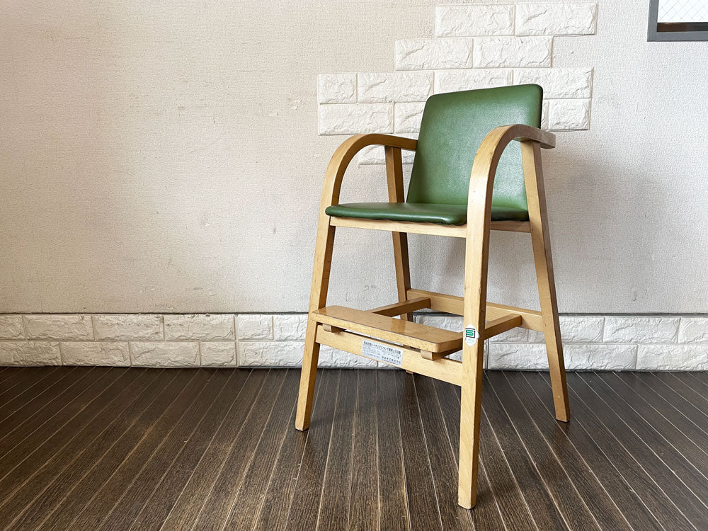秋田木工 Akimoku ベビーチェア No.42 乳幼児用ハイチェア キッズチェア ブナ材フレーム × PVCソフトレザー グリーン 曲木 ジャパンビンテージ  中古品  買い取りしました。