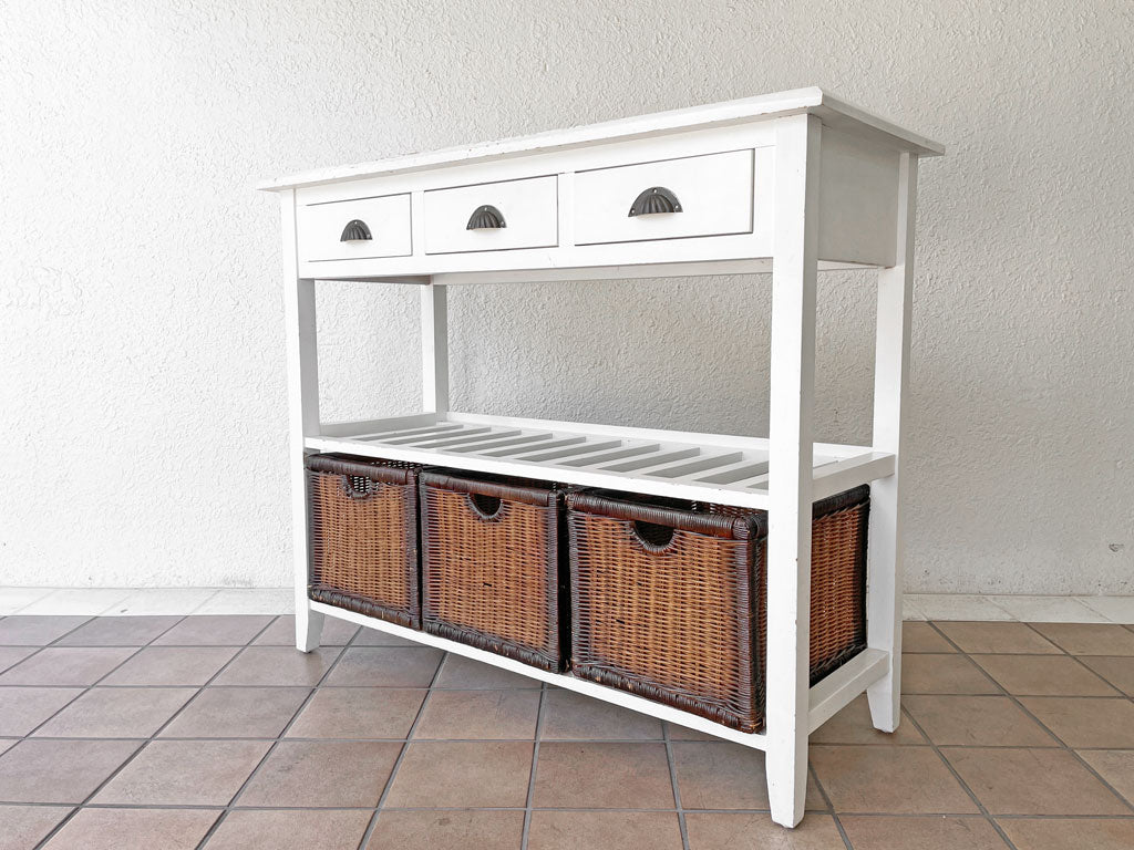 ビーカンパニー B-COMPANY キッチンカウンター コンソールテーブル 抽斗×3 バスケット×3個付き ホワイトペイント 中古品 買い取りしました。