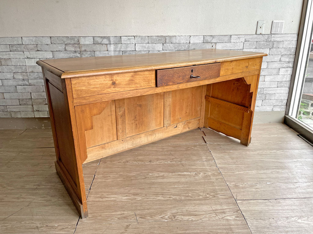 ビンテージ Vintage 古い木味のカウンターテーブル ワークテーブル デスク 無垢材 古材 引き出し1杯 作業台 店舗什器 中古品 買い取りしました。
