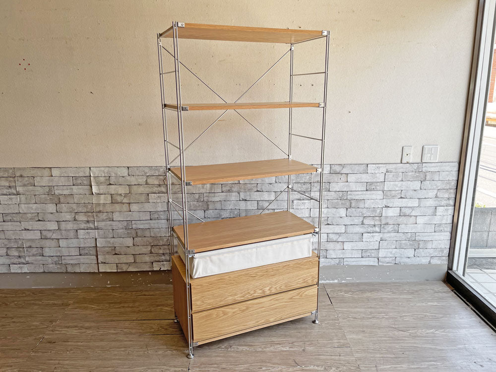 無印良品 MUJI ステンレスユニットシェルフ オーク材 ワイド 大 W86 H175.5cm 引き出し 帆布バスケット 定価￥52,810- 中古品 買い取りしました。