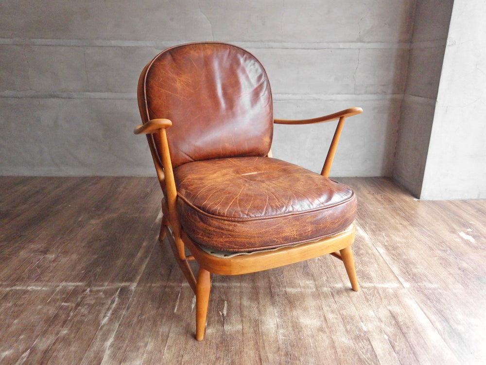 アーコール Ercol ウィンザーソファ WINDSOR SOFA 1pソファ ビンテージ ビーチ材 レザークッション UKビンテージ 英国 家具 アンティーク 中古品 買い取りしました。