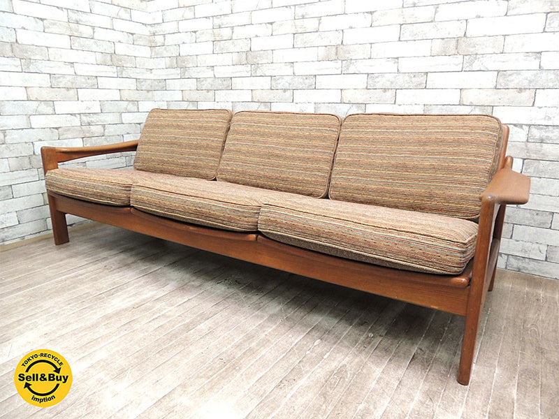 デンマーク 70's リバーシブルクッション×チーク無垢材フレーム 3人掛けソファ ～ 細部に至るまで拘りが伺える良質な北欧ビンテージ家具 ～ 【 買取と販売とレンタルのお店 】