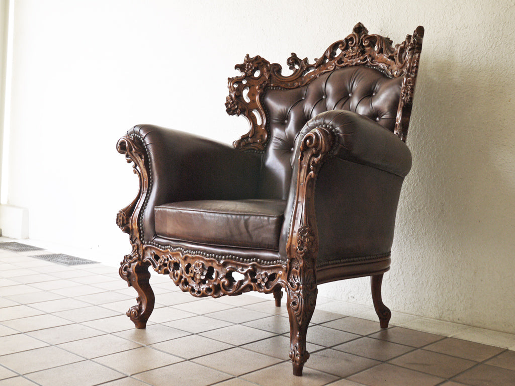 ヨーロピアンクラシカルデザイン European classical design サロンソファ 1P ロココ調 ルイ15世様式 ブラウン PVCレザー 店舗什器 中古品 買い取りしました。