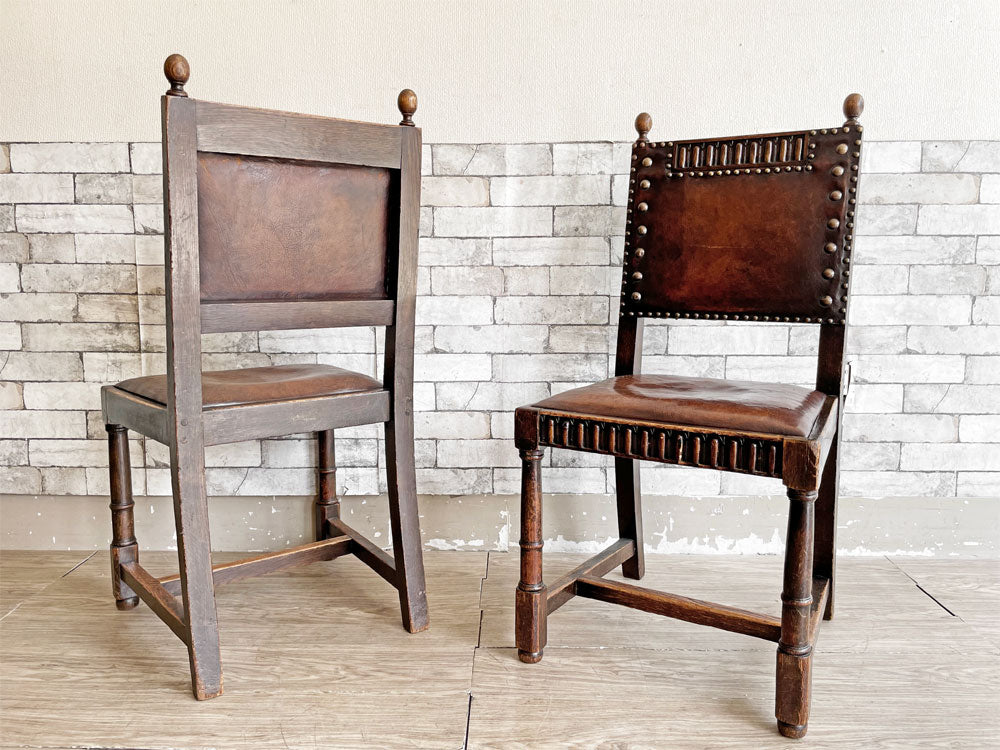 イギリスアンティーク UK Antique ダイニングチェア 2脚セット オーク材 本革 ブラウン スタッズ 鋲打ち 英国ビンテージ 中古品 買い取りしました。