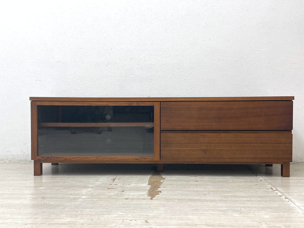 無印良品 MUJI ウォールナット材 AVラック AVボード テレビ台 ガラス扉 フラップ扉 抽斗2杯 W150cm 廃番 参考定価￥39,900- 中古品 買い取りしました。
