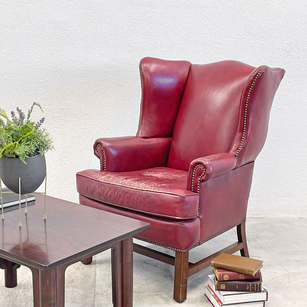 ポッタリーバーン Pottery Barn ウイングバックソファ 1人掛け ラウンジチェア 本革 ワインレッド USビンテージ ～時を重ねた味わい深い魅力～
