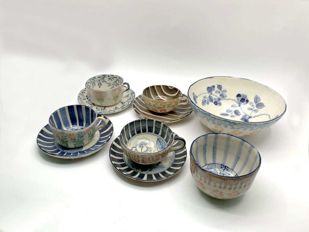 つちやまり 土屋真理 カップ＆ソーサー ボウル 染付 印判 植物 花 現代作家 中古品 買い取りしました。