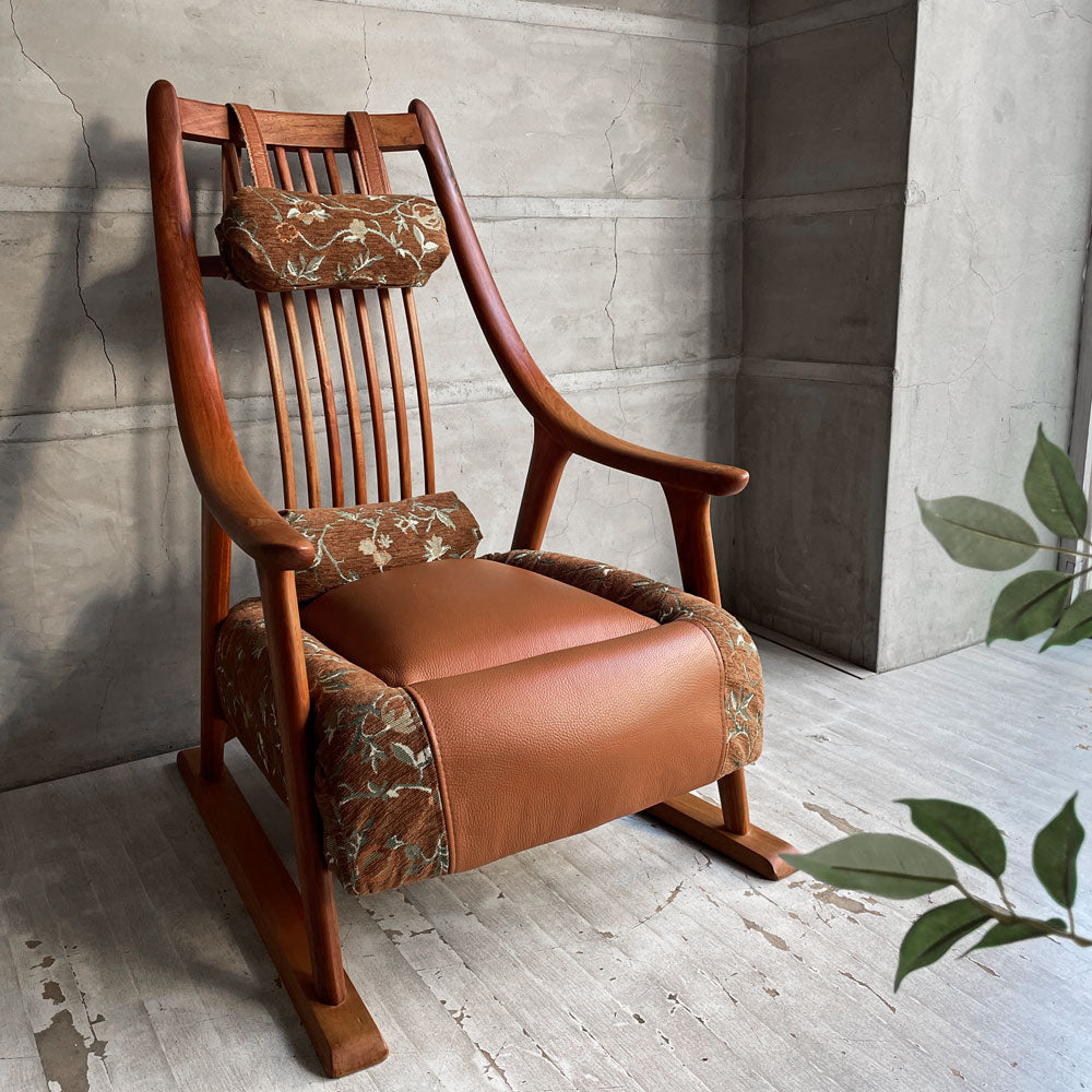 BC工房 くつろぎきらきら椅子 ヘッドレスト付き ラウンジチェア 和椅子 低座椅子 チーク無垢材 レザー 本革 ファブリック～畳ときどきフローリング～