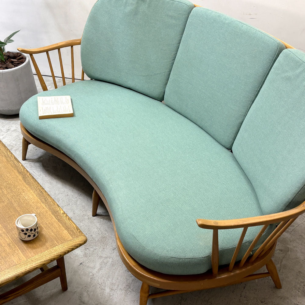 アーコール Ercol No.499 3Pソファ 3シーター キドニーシェイプ シート スカイブルー ファブリック ビーチ材 UKビンテージ 英国家具 ～湾曲のモルフォロジー～