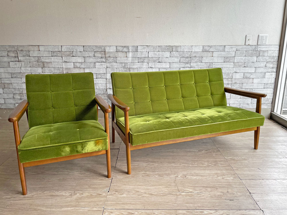 カリモク60 Karimoku60 Kチェア 2シーター ＆ 1シーター ソファ モケットグリーン 60's レトロモダン ミッドセンチュリー 中古品 買い取りしました。