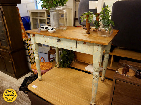 UKアンティーク パイン材 スモールテーブル デスク シャビーペイント 1ドロワー～大人かわいいインテリア♪【買取と販売とレンタルのお店】