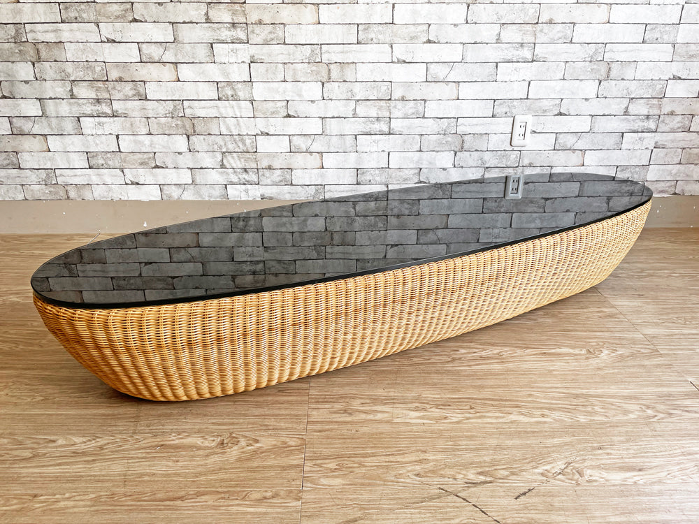 山川ラタン Y.M.K フルーツボウル テーブル Fruit Bowl Table 籐製 ブラック ガラス天板 W180 オミ タハラ 定価220,000円 中古品  買い取りしました。