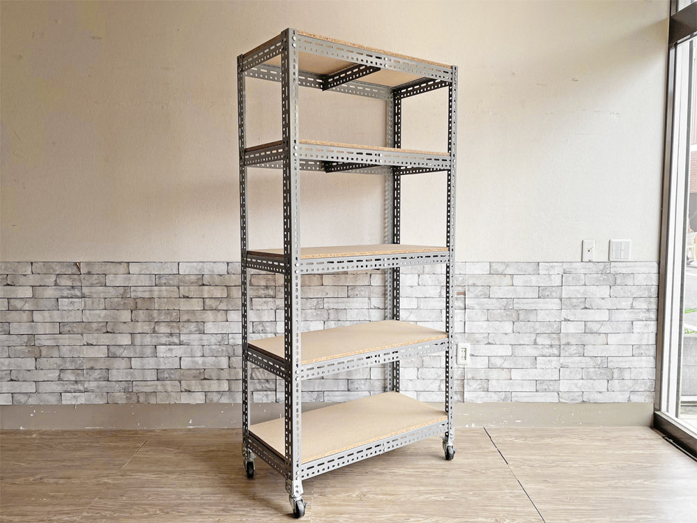 インダストリアルスタイル Industrial Style メタルラック スチールシェルフ シルバー 5段 H189cm 木製棚板 キャスター付 店舗什器 工業系 中古品  買い取りしました。