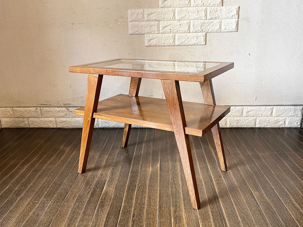 ジャパンビンテージ Japan Vintage ガラストップ ローテーブル サイドテーブル マガジンラック付 チーク無垢材 W64.5cm 木味 古家具 昭和レトロ 中古品  買い取りしました。