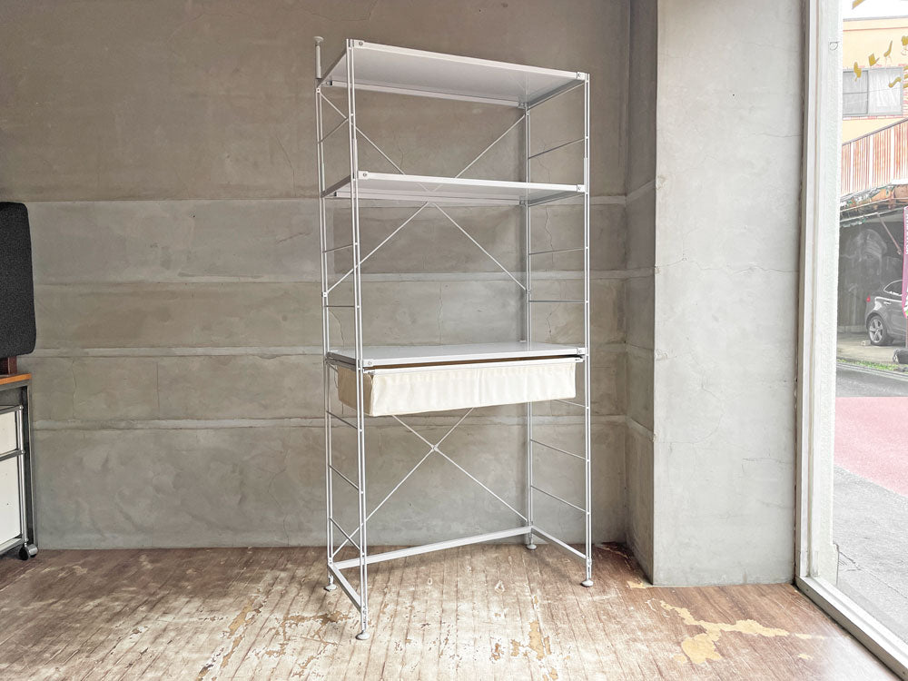 無印良品 MUJI スチールユニットシェルフ オープンシェルフ3段 帆布バスケット・つっぱりパーツ付き W84 × H175? ライトグレー 定価\26,390- 中古品 買い取りしました。