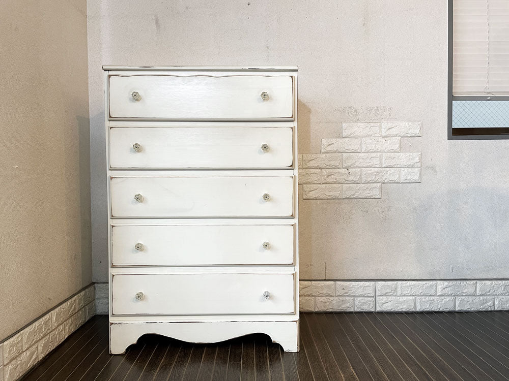 ビンテージスタイル Vintage Style ホワイトペイント チェスト 5段 W75cm ガラス把手 シャビーシック  中古品  買い取りしました。