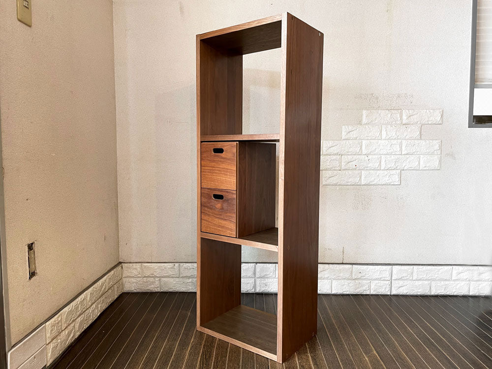 無印良品 MUJI スタッキングシェルフ 1列3段 + スタッキングチェスト ハーフ 引出し 2個 ウォールナット材 オープンシェルフ 本棚 飾り棚 シンプルデザイン 合計定価￥24,390- 中古品  買い取りしました。