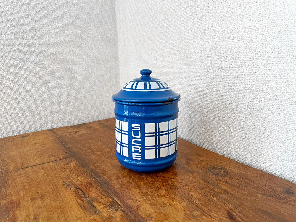 ヨーロッパビンテージ European Vintage ホーローキャニスター SUCRE 砂糖 ブルー×ホワイト 保存容器 キッチン雑貨 フレンチカントリー  中古品  買い取りしました。