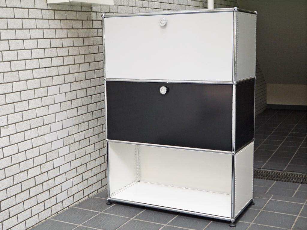 ユーエスエムハラー USM Haller モジュラーファニチャー ハラーシステム キャビネット 1列3段 ドロップダウンドア ホワイト×ブラック×ライトグレー ■　中古品 買い取りしました。