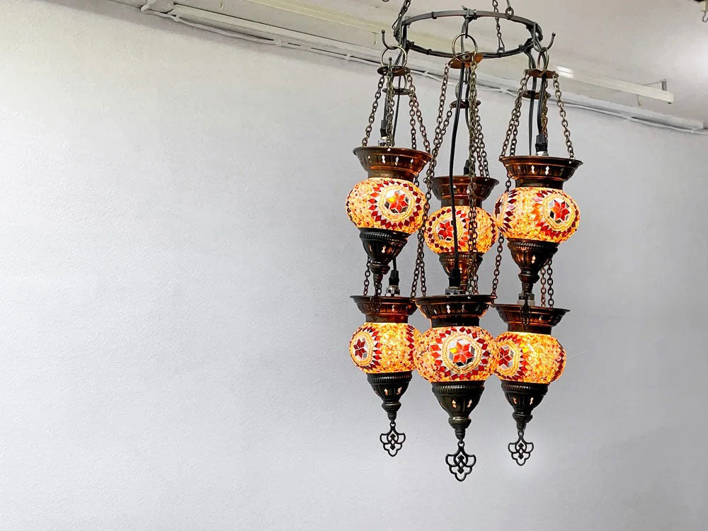 トルコランプ シャンデリア ペンダントライト 6灯 モザイクガラス アイアン 工芸品 LED電球使用可 中古品 買い取りしました。