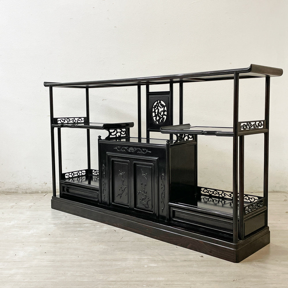【祖師ヶ谷大蔵店】唐木家具 茶棚 違い棚 飾り棚 オープンシェルフ 透かし彫り W172cm 伝統工芸 銘木家具 買取させていただきました。