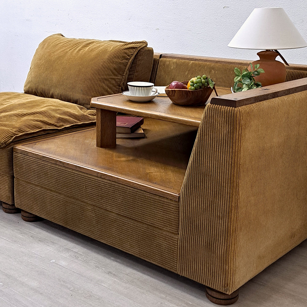トラックファニチャー TRUCK FURNITURE HNSOFA 1Pソファ 1-SEATER+コーナーテーブル CORNER TABLEセット ナラ材 無垢材 F-21 グリーンコーデュロイ 参考価格約￥734,800- ～お部屋の角を活かすTRUCKの新提案～