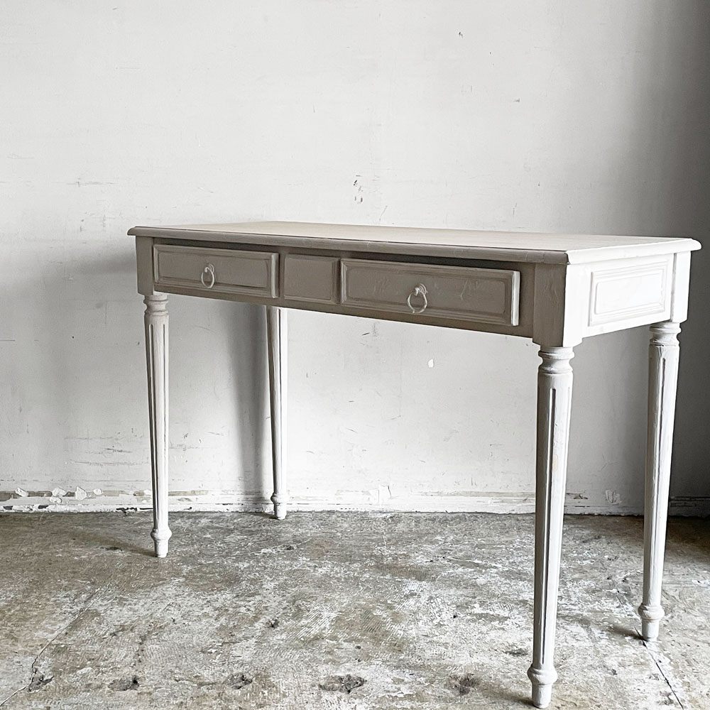 【自由が丘店】サラグレース Sarah Grace コンソールテーブル デスク グレーペイント 抽斗2杯 フレンチスタイル シャビーシック 店舗什器 Ｗ110cm 買取させていただきました。