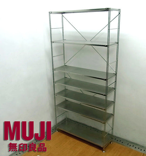 シンプルイズベスト！ MUJI （ 無印良品 ） 汎用性の高い収納力抜群の　『 ステンレスユニットシェルフ 7段 （ S-SUS・ステンレス棚セット／ワイド・大 ）』 【買取＆販売＆レンタル】