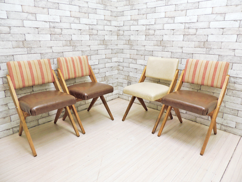 コンプレックス COMPLEX スパイチェア SPY CHAIR ダイニングチェア メープル材 PVCレザー ホワイトベージュ & ストライプ柄 ファブリック × PVCレザー 計4脚  中古品 買い取りしました。