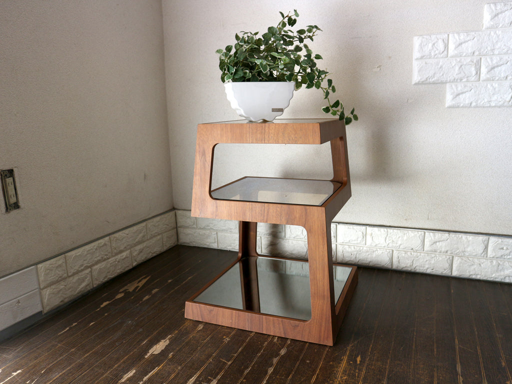 モーダエンカーサ moda en casa ダイスピラミッド dice pyramid ガラストップ×ウォールナット サイドテーブル ミニシェルフ ハーフミラー仕上げ モダンデザイン 廃番 美品 中古品  買い取りしました。