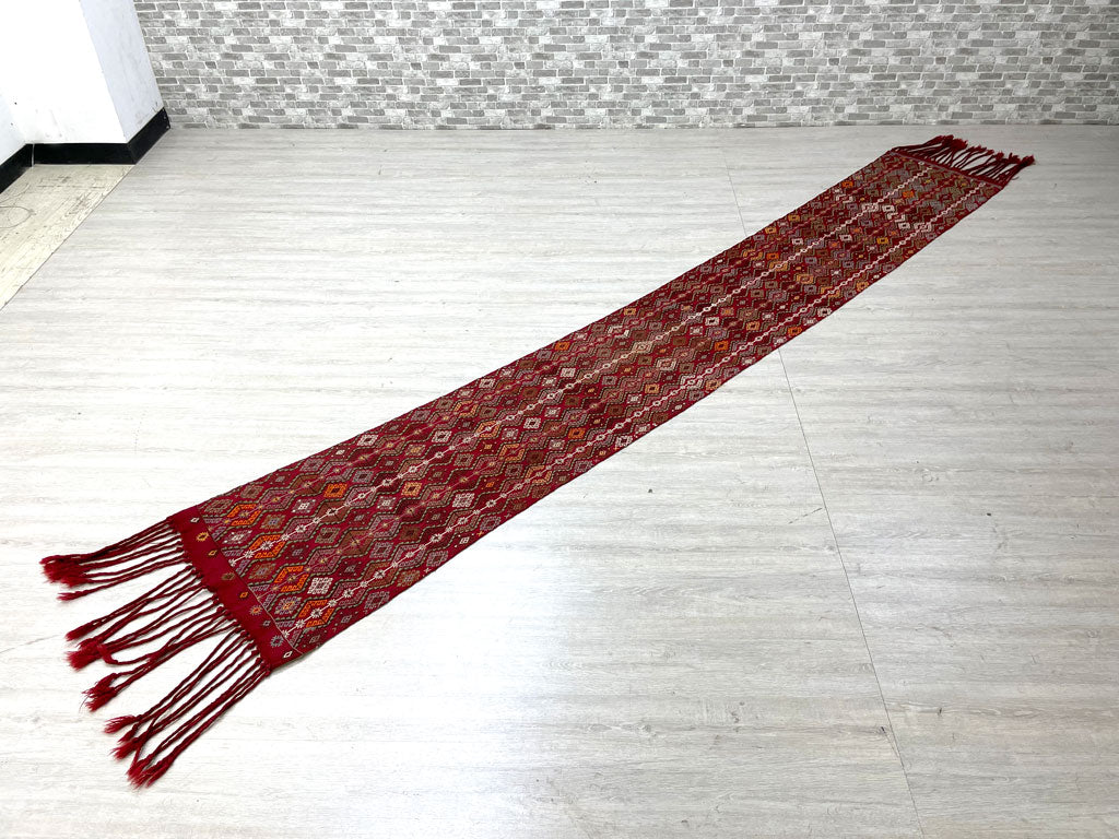 ビンテージ vintage トルコ製 手織り ラグ ランナー キリム柄 廊下 ロングタイプ フリンジ付き 320 × 50 中古品 買い取りしました。