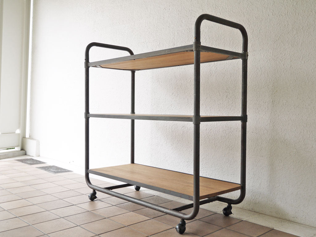インダストリアルデザイン industrial design オープンシェルフ 3段 アイアン オーク無垢材 キャスター W114cm 店舗什器中古品 買い取りしました。
