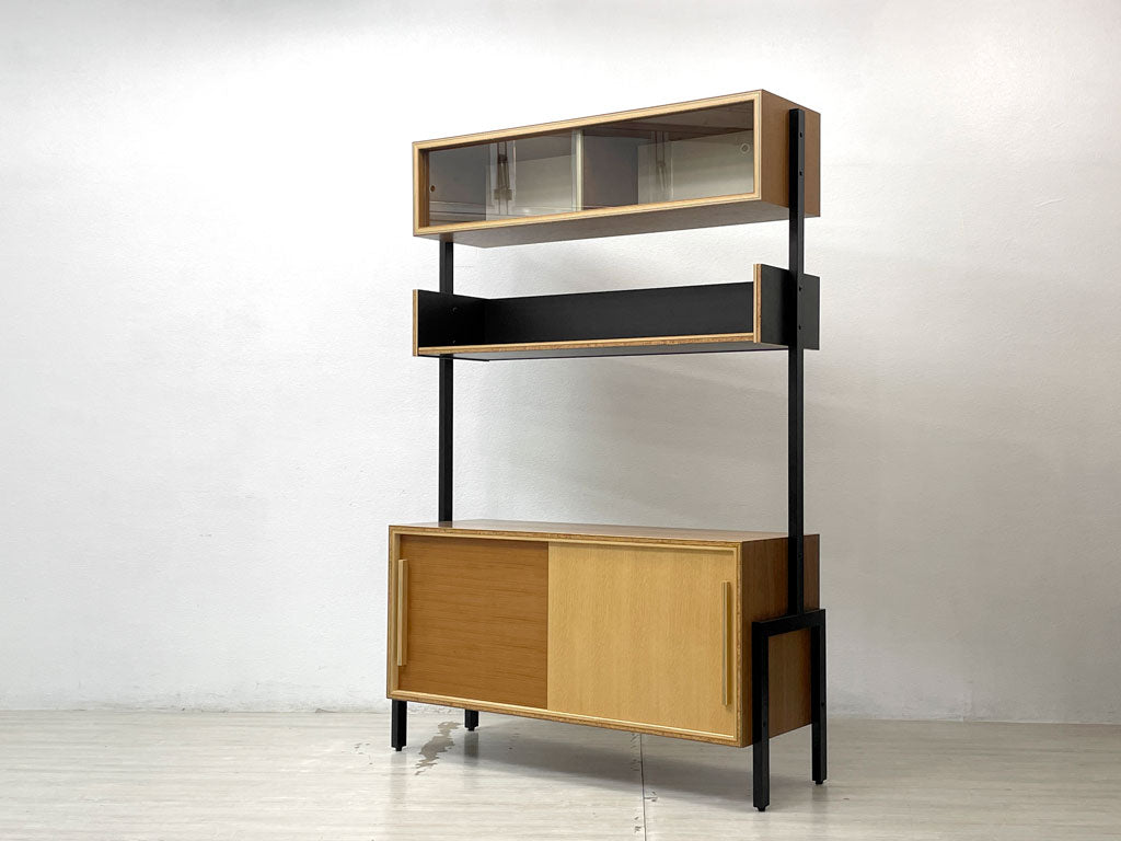 フランジ プライウッド FLANGE plywood スチールレッグキャビネット STEEL LEG CABINET ナラ ウォールナット スチール ガラス 食器棚 飾り棚 定価￥264,000- 中古品 買い取りしました。