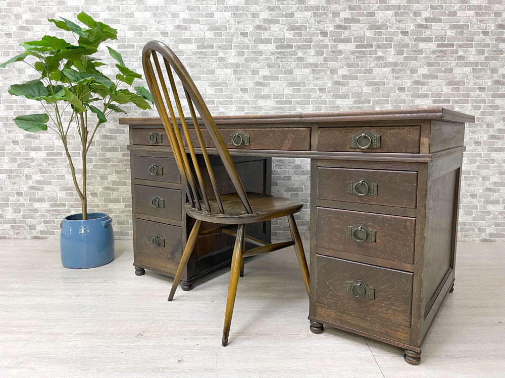 ジャパンビンテージ Japan Vintage 古い木味のデスク 机 両袖 抽斗 W133 国産家具 古家具 昭和レトロ 中古品 買い取りしました。