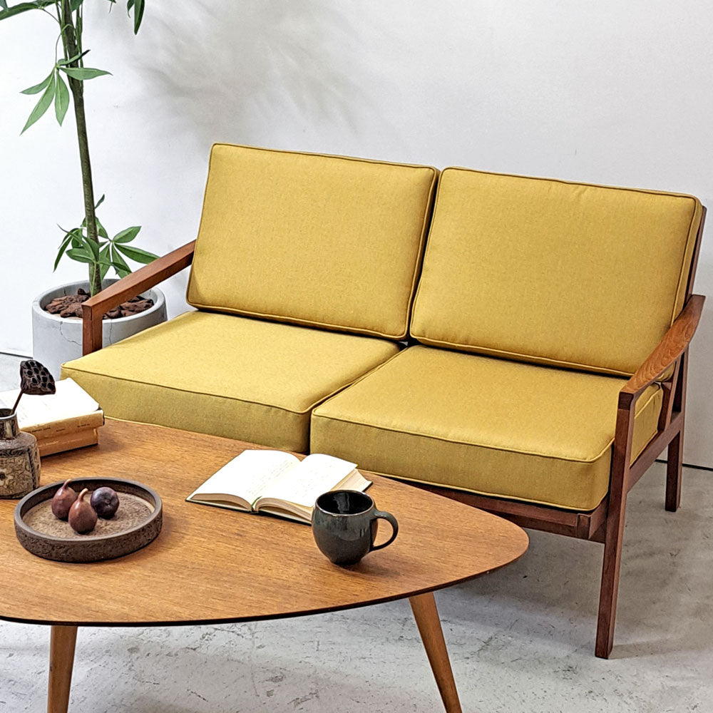三平興業研究所 Sampei 2シーターソファ セパレート チーク無垢材フレーム ファブリック 黄色系 剣持 勇 ジャパンミッドセンチュリー ビンテージ ～黎明の一閃～
