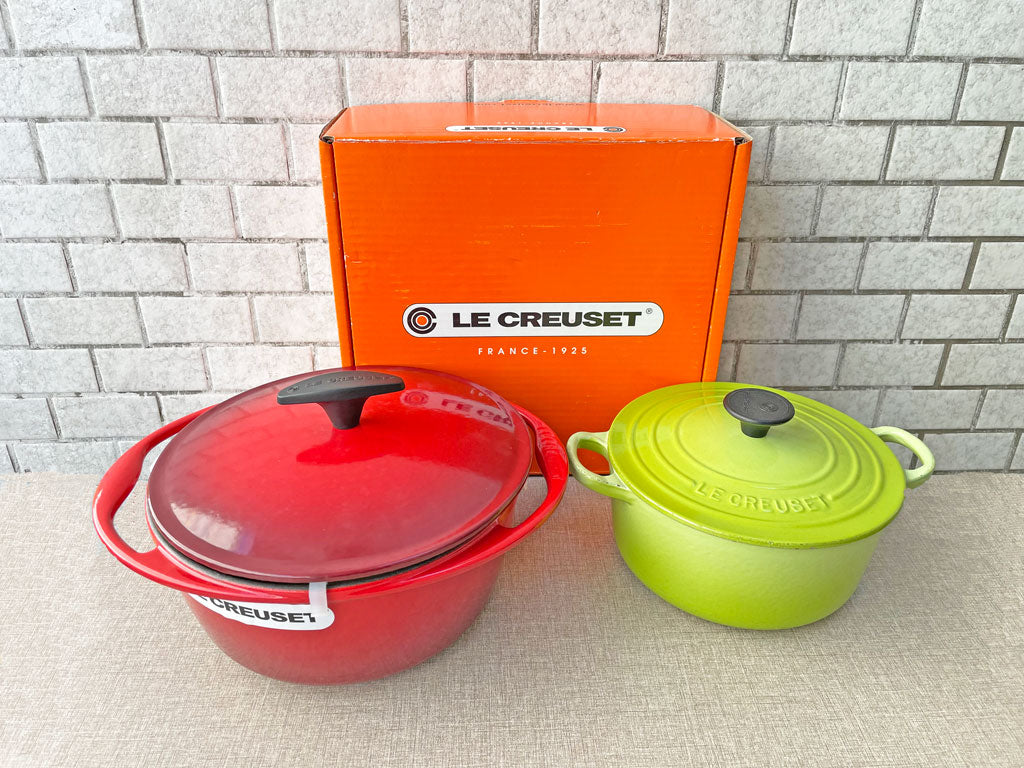 ル クルーゼ LE CREUSET ココットロンド 両手鍋 Φ22㎝ 鋳物 ホーロー チェリーレッド 箱付き 未使用品 ココットロンド 両手鍋 Φ18㎝ 鋳物 ホーロー キウイ フルーツグリーン 中古品 買い取りしました。