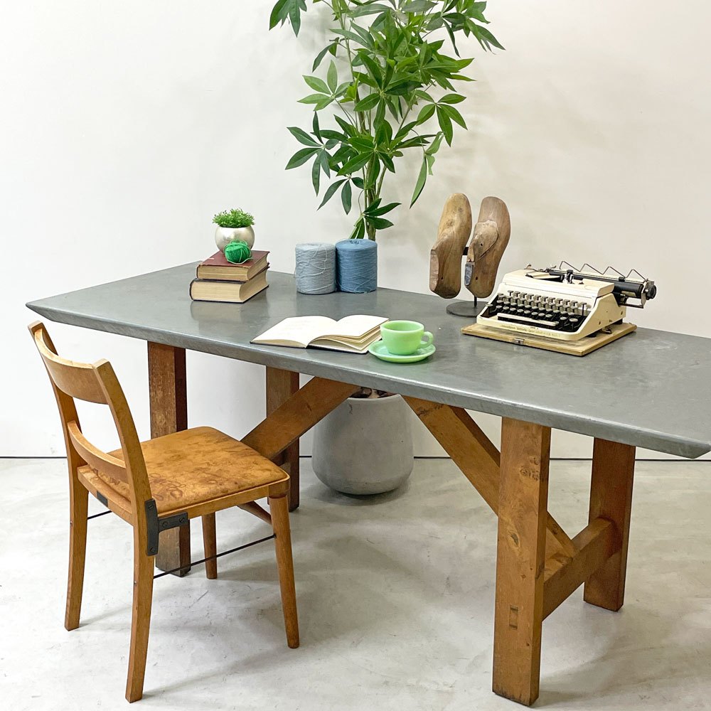 【祖師ヶ谷大蔵店】ヨーロッパビンテージ European vintage ジンクトップテーブル zinc top オーク材 ウッドベース  リメイク ダイニングテーブル ワークテーブル w183cm 買取させていただきました。